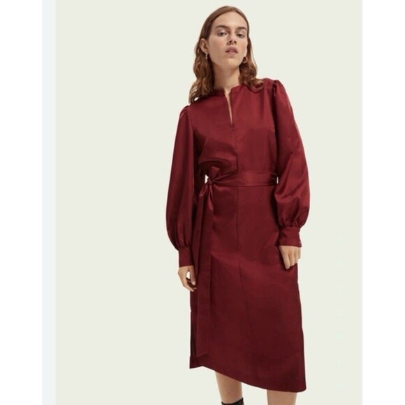 Scotch & Soda Dresses & Skirts - Scotch & Soda Womens Voyage Burgundy Red Satin Dress Midi Puff Sleeves Size XL